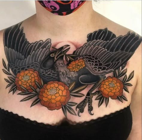 Neo Traditional Chest Tattoo, Traditional Back Tattoo, Traditional Chest Tattoo, Faded Tattoo, Crow Tattoo, Sweet Tattoos, Chest Piece Tattoos, Original Tattoos, Laser Tattoo