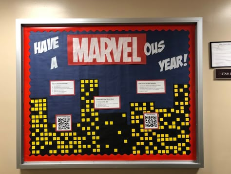 Male Ra Bulletin Boards, Character Building Bulletin Board Ideas, Spider Man Bulletin Board Ideas, Creative Ra Bulletin Boards, Bulletin Board Ideas Ra College, Marvel Bulletin Board, Senior Class Board Ideas, Hall Decorations Ideas, Super Hero Bulletin Board Ideas