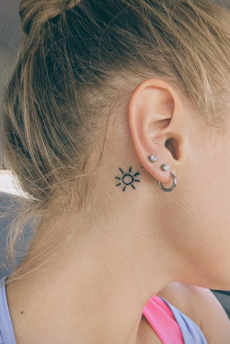 Sunshine Behind Ear Tattoo, Small Sun Tattoo Behind Ear, Sun Behind The Ear Tattoo, Sun Tattoo Behind The Ear, Sun Behind Ear Tattoo, Sun Tattoo Behind Ear, Tattoo Oreille, Behind The Ear Tattoo Ideas, Sunshine Tattoo