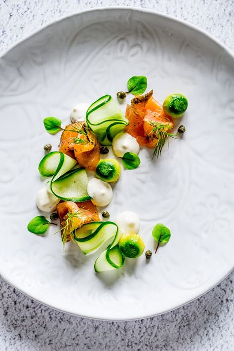 Gin, Kaffir Lime Cured Salmon, Cucumber and Avocado Salmon Cucumber, Micro Herbs, Cured Salmon, Lime Salmon, Gourmet Food Store, Cucumber Avocado, Fine Dining Recipes, Salmon Cakes, Kaffir Lime