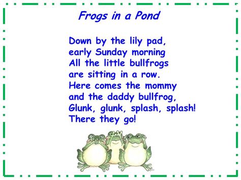 A Teacher's Touch: One More Frog song Prek Storytime, Frog Poem, Pond Activities, Preschool Fingerplays, Pond Life Theme, Frogs Preschool, Pond Habitat, Frog Song, Toddler Songs