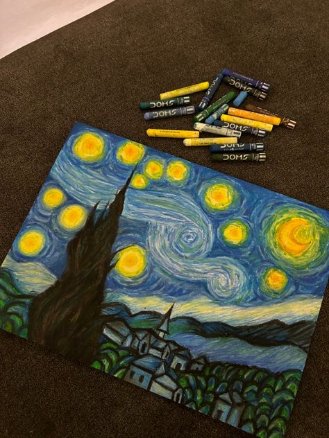 Starry Night Marker Drawing, Starry Night Oil Pastel, Starry Night Sketch, Starry Night Drawing, Crayon Sketches, Crayons Drawing, فنسنت فان جوخ, Canvas Art Painting Abstract, Starry Night Art