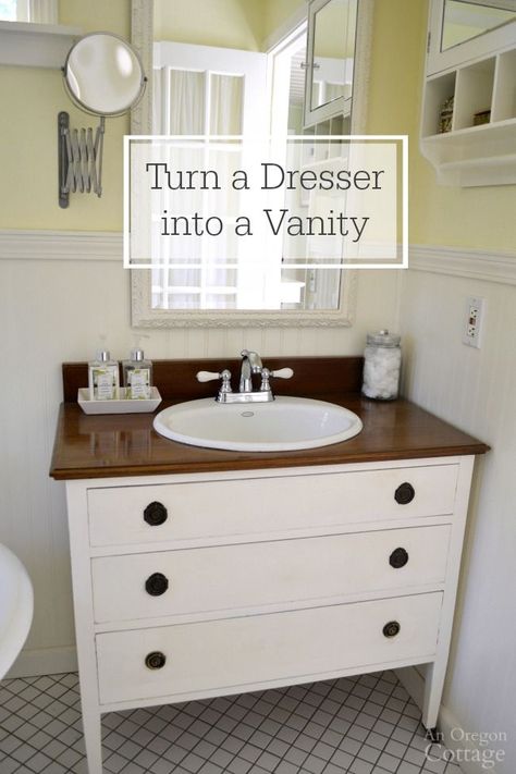 Remaking an old dresser into a vanity for your bathroom is a doable DIY project that saves money and creates a unique design statement. Click for photo tutorial, including ideas for adapting drawers. #diyproject #bathroom Dresser Vanity Bathroom, Bathroom Diy Ideas, Repurposed Dresser, Diy Bathroom Makeover, Diy Bathroom Vanity, Diy Bathroom Storage, Dresser Vanity, Small Bathroom Vanities, Diy Vanity