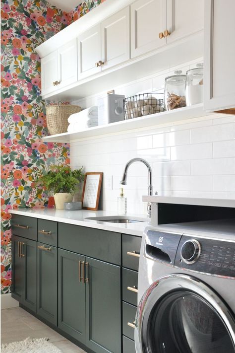 Two Toned Laundry Room Cabinets, Fun Laundry Room Cabinet Colors, Fun Laundry Room Design, Farmhouse With Pops Of Color, Green And Black Laundry Room, Bright Color Laundry Room Ideas, Laundry Room Ideas 2024, Color Drenched Laundry Room, 2024 Laundry Room Trends