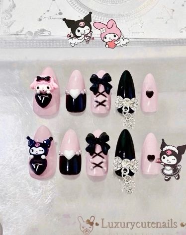 Nails Kuromi, Nails Gyaru, Kuromi Nails, Nails Sanrio, Sanrio Nails, Gyaru Nails, My Melody And Kuromi, Melody And Kuromi, Wide Nails