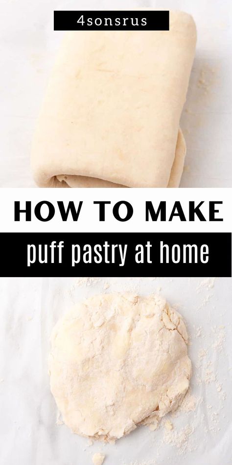 Learn how to make a homemade puff pastry dough recipe from scratch to use in all your favorite recipes. This easy recipe is perfect for beginners with no yeast and no laminating needed to make a light, flaky pastry dough.Head over to 4sonrus.com to make this recipe now! Small Batch Puff Pastry, Easy Pastry Dough Recipe, Easy Pastries To Make At Home, Homemade Puff Pastry Recipes, How To Make Puff Pastry Dough, Puff Pastry Dough Recipes, Homemade Puff Pastry Dough, Puff Pastry Dough Recipe, Puff Pastry From Scratch