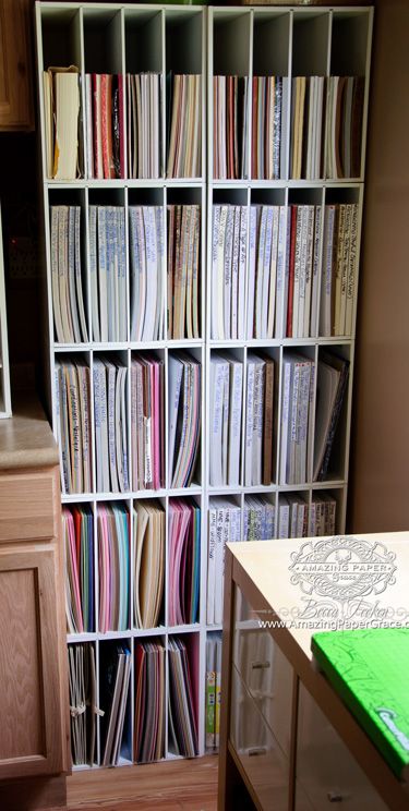 Vertical Paper Storage, Sheet Music Storage Ideas, Organize Cardstock, Paper Storage 12x12, Sheet Music Storage, Scrapbook Paper Storage, Sheet Storage, Craft Spaces, Music Storage