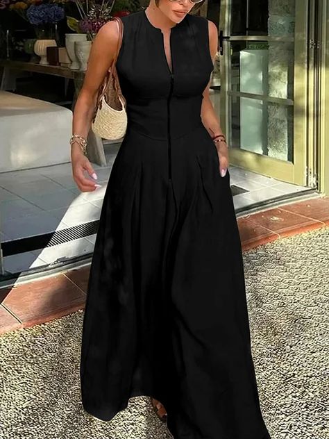 Elegant A-Line Maxi Dress with Pleats, Pockets, and Split-Joint Zipper Detail V Neck Long Dress Casual, Sophisticated Black Dress, Casual Black Maxi Dress Outfit, European Summer Outfits Black Women, Black Maxi Dress Summer, Pleated Outfit, Evening Maxi Dresses, Working Wardrobe, A Line Long Dress