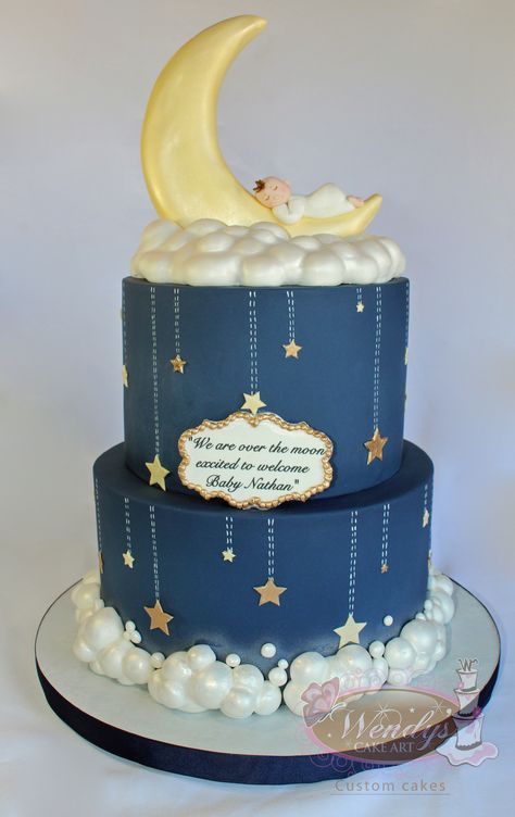 www.wendyscakeart.com Baby cake, baby shower cake, boy cake, blue cake, moon cake, clouds cake Moon Baby Shower Cake, Fair Cake, Torturi Baby Shower, Cake Baptism, Gold Baby Shower Cake, Moon Stars Baby Shower, Star Baby Shower Theme, Coffee Line, Cloud Cake