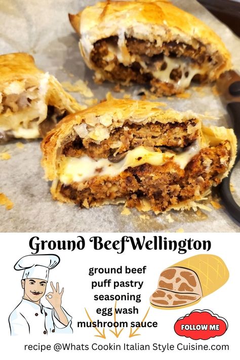 Hamburger Beef Wellington, Beef Wellington With Ground Beef, Deconstructed Beef Wellington, Ground Beef Puff Pastry Recipes, Beef Wellington Recipe Easy, Ground Beef Wellington Recipe, Ground Beef Wellington, Easy Beef Wellington, Wellington Recipe