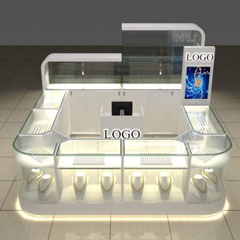 jewelry kiosk Mall Kiosk Design Display, Kiosk Design Mall, Jewelry Kiosk Design, Mall Kiosk Design, Jewelry Island, Glass Display Shelves, Jewelry Shop Display, Store Plan, Glass Partition Wall