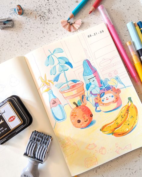 Illustration With Markers, Drawing Colorful Aesthetic, Watercolor With Colored Pencils, Colored Pencil Cartoon, Applecheeks Art, Watercolor And Pencil Illustration, Color Pencil Journal, Color Pencil Doodle Art, Cute Color Pencil Drawing