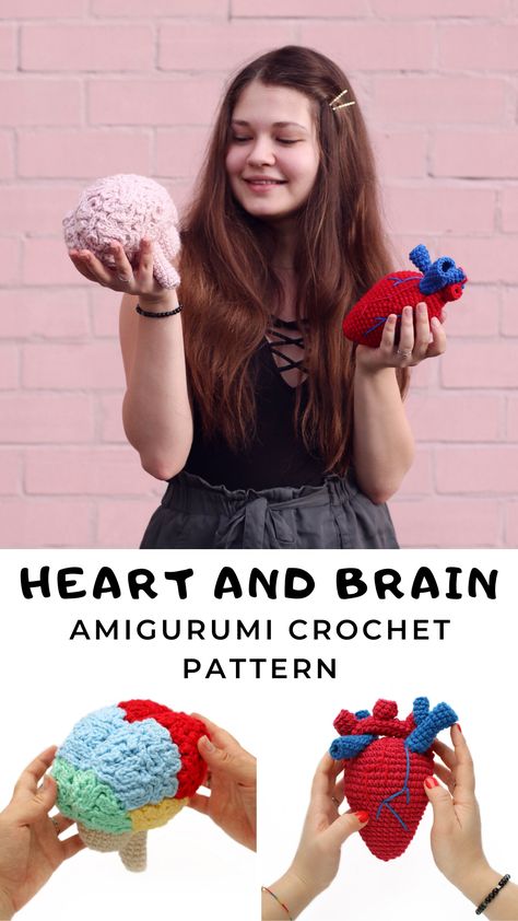 Human Heart Crochet Pattern Free, Crochet Brain Amigurumi, Anatomy Crochet Pattern, Crochet Brain Free Pattern, Crochet Human Heart, Brain Crochet Pattern, Crochet Anatomical Heart, Anatomy Crochet, Brain Crochet