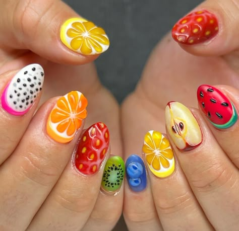 Cute Fruit Nail Designs, Fruit Nail Designs Summer, Summer Fruit Nail Art, Fruits Nail Art, Fruit Summer Nails, Crazy Design Nails, Nail Designs Fruit, 3d Fruit Nails, Fruit Themed Nails