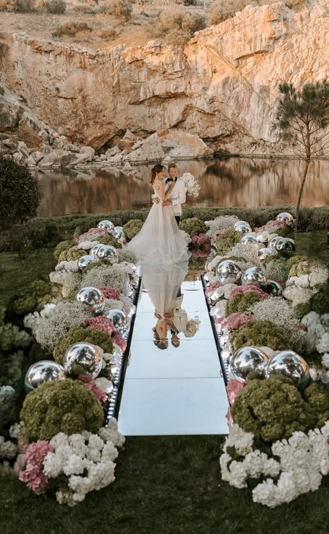 Lake Wedding Decorations, Outdoor Wedding Backdrop Ideas, Lake Vouliagmeni, Party At The Lake, Colorful Garden Wedding, Lake Wedding Ideas, Grecian Wedding, Wedding At Lake, Flower Displays