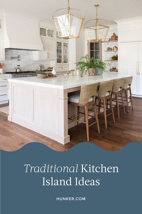 With a traditional kitchen island, classic cabinetry, and timeless color combos, you can create a quality aesthetic with a little bit of heritage to boot. It's about nodding to the future as well as looking back at the past. Here are 10 traditional kitchen island ideas that will last you for years to come. #hunkerhome #traditional #traditionalkitchen #kitchen #kitchenisland Large Kitchen Island Styling, Traditional Kitchens With Islands, 2023 Kitchen Island Colors, Classic Kitchen With Island, Traditional Kitchen Island Ideas, Square Island Kitchen, Stained Kitchen Island, Ornate Kitchen, Kitchen Island Styling