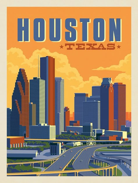 Vintage Texas Posters, Texas Illustration Art, Houston Aesthetic Wallpaper, Houston Poster, Texas Illustration, Golden Age Of Illustration, Houston Texas Skyline, Houston Design, Texas Poster