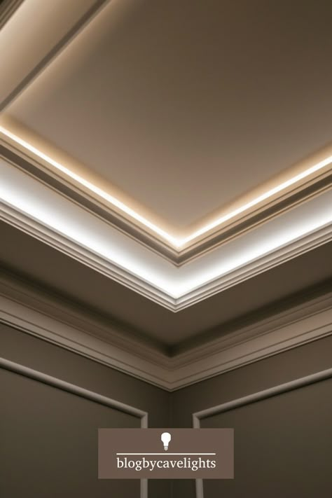 🌟 Discover how cove lighting can transform any room into a cozy haven. Click to learn everything about ceiling cove lighting! ➡️ #HomeDecor #MoodLighting Ceiling Coving Modern, Reverse Cove False Ceiling, Molding Ceiling Design, Cove Ceiling Design, Cove Light Detail, Led Coving, Cove Lighting Design, Coffered Ceiling Lighting, Ceiling Molding Ideas