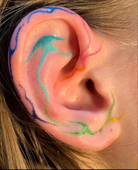 Colorful Tattoo Aesthetic, Colorful Line Tattoo, Colorful Ear Tattoo, Colored Line Tattoo, Colored Hand Tattoos, Minimalist Color Tattoo, Simple Colorful Tattoos, Healing Hand Tattoo, Color Test Tattoo