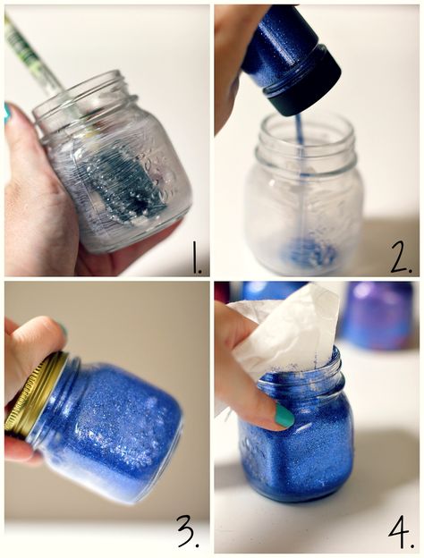 Step By Step Glitter Mason Jar candle holders Diy Tea Light Candle Holders, Candle Diy Mason Jar, Mason Jar Tea Lights, Tea Light Crafts, Mason Jar Candle Holders, Flameless Tea Lights, Glitter Mason Jars, Glitter Jars, Jar Candle Holder