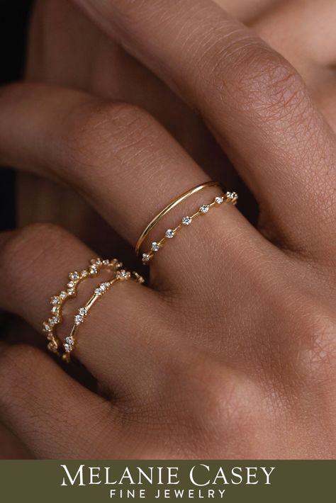 Diamond Minuet Ring | Melanie Casey Fine Jewelry |   couple tattoos tree Rings For Petite Fingers, Minimal Wedding Rings Set, Diamond Ring Minimal, New Rings Design, Dainty Ring Designs, Gold Ring Small Diamonds, Dainty Diamond Ring Stack, Gold Bands With Diamonds, Dainty Wedding Ring Stack