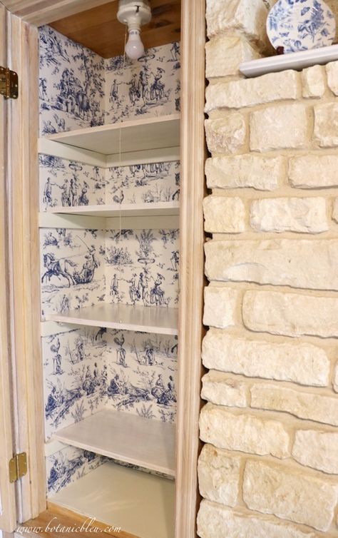 French Country Pantry Makeover French Country Pantry Ideas, French Country Closet, French Country Kitchen Wallpaper, French Country Powder Room Ideas, French Country Astetic, Blue French Decor, French Country Built Ins, French Country Room, Toile Decor Ideas