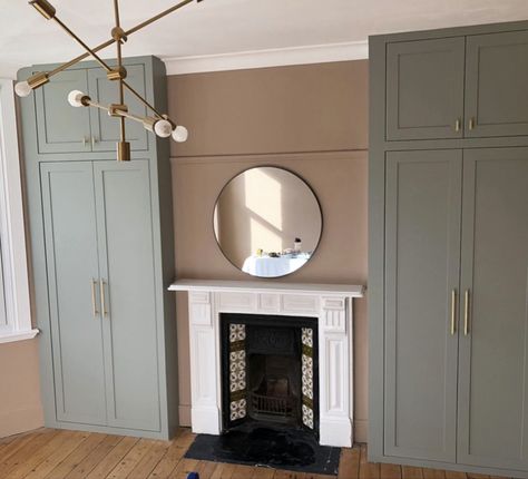 Built In Wardrobe Around Fireplace, Wardrobe Fireplace Bedroom, Wardrobe Next To Fireplace, Alcove Wardrobe Ideas, Panelled Wardrobe Doors, Small Victorian Bedroom, Built In Wardrobe Ideas Alcove, Victorian House London, Bedroom Alcove