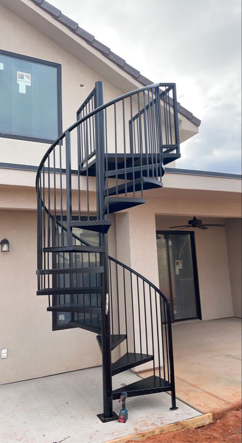 This is the standard spiral staircase sold to most contractors Outdoor Spiral Staircase, Spiral Staircase Outdoor, Iron Ladder, Stairs Tiles Design, Steel Stairs Design, Tangga Putar, Metal Sheet Design, Staircase Outdoor, Stair Ladder