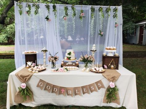 Baptism Dessert Table Ideas, Baptism Decorations Table, Baptism Cake Table, First Communion Dessert Table, Baptism Table Decor, Baptism Dessert Table, Communion Table Decorations, Baptism Desserts, Baby Dedication Party