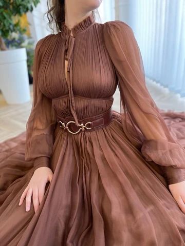 Open Skirt, Starry Night Dress, Teuta Matoshi, Dama Dresses, Draped Bodice, Wedding Dress Shoes, A Line Prom Dresses, Brown Silk, Quince Dresses