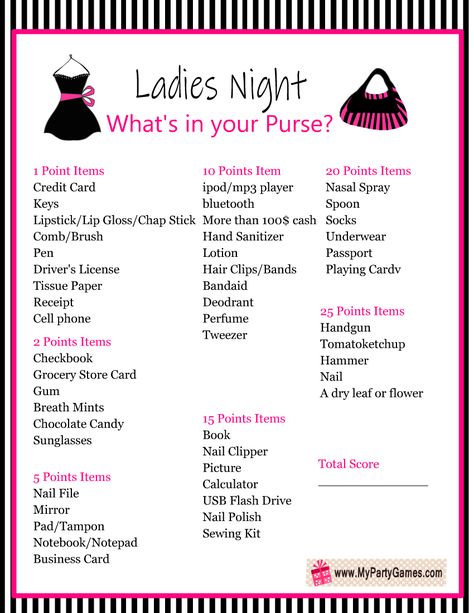 Party Games For Ladies Printable, Women Purse Games, Pure Romance Party Games, What’s In Your Purse Game, Kid Holiday Games, What’s In Your Purse Bridal Shower Game, Housewarming Party Games, Ladies Night Games, Housewarming Games