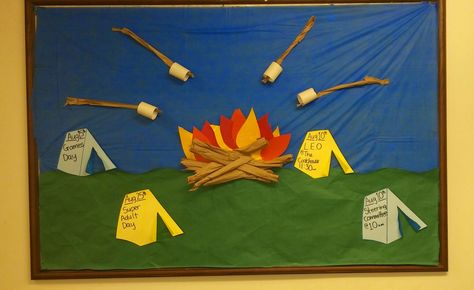 Tents and campfire with marshmallows on a stick bulletin board Back To School Door Ideas, Stone Age Ks2, Pta Bulletin Board Ideas, Camping Display, Stone Age Display, Classroom First Day, Camp Read A Lot, Pto Bulletin Board, Pta Bulletin Boards