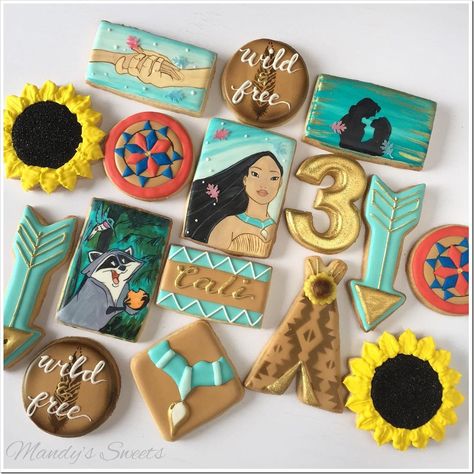 Pocahontas Cookies, 3rd Birthday Cookies, Pocahontas Birthday Party, Pocahontas Birthday, Duck Baby Shower Theme, Toddler Birthday Party Themes, Pocahontas John Smith, Grandmother Willow, Hand Painted Cookies