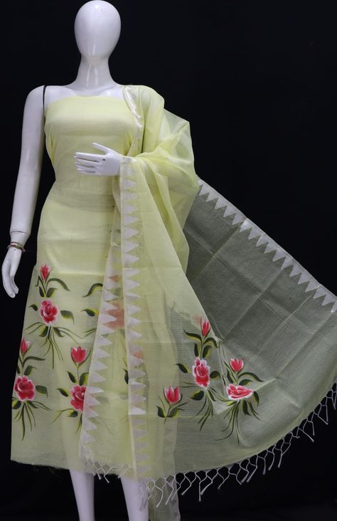 Hand Painted Suits, Suit Painting, Painted Suits, Bandhani Dress Materials, Kota Doria Suits, Organza Suits, Bandhani Dress, Hand Painted Dress, Silk Suits