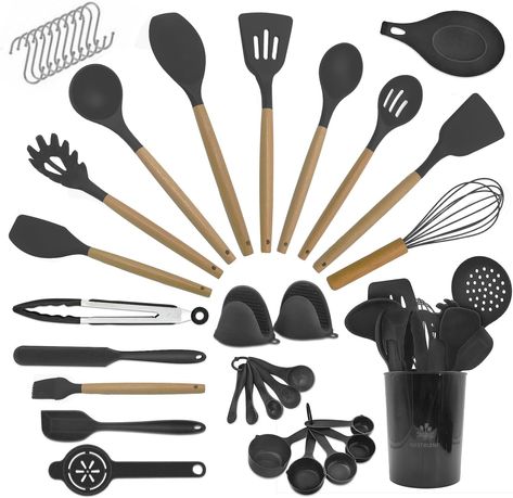 NestBlend Nonstick Black Wooden Kitchen Utensils Set - 38 Pieces Kitchen Utensil Set - Kitchen Gadgets Cookware Set - Cooking Utensils Silicone Kitchen Set - Utensils Set with Holder Heat Resistant. Silicone Utensil Set, Kitchenware Set, Silicone Cooking Utensils, Silicone Kitchen Utensils, Silicon Utensils, Utensils Set, Tongs Kitchen, Kitchen Cooking Utensils, Cooking Utensils Set