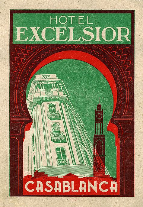 Morroco Hotel, Hotel Advertising, Morocco Casablanca, Morocco Art, Casablanca Morocco, Tourism Poster, Vintage Hotels, Art Deco Poster, Luggage Labels