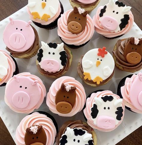 Pink Farm Cupcakes, Oink Baa Moo Im Two Cupcakes, Oink Moo Cockadoodle Doo Birthday Cake, Diy Farm Animal Cupcakes, Pink Farm Animal Cake, 2nd Birthday Party For Girl Farm Theme, Pink Cow Cupcakes, Pink Farm Birthday Party Cake, Pink Baa Moo I’m Two