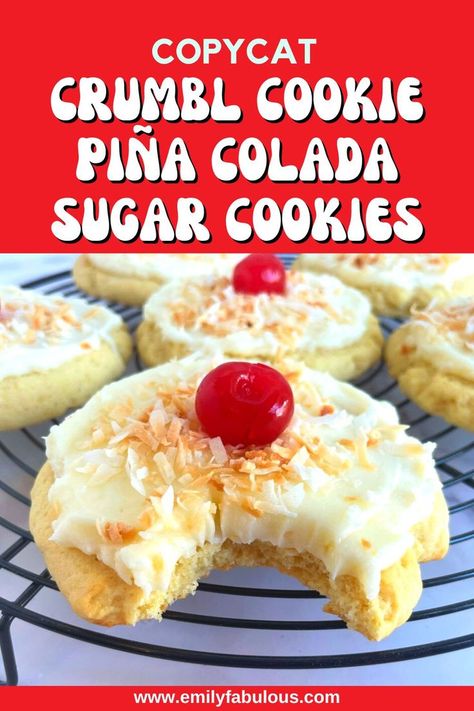 a crumbl cookies copycat pina colada cookie with toasted coconut and a cherry on top with a bite taken out of it Pina Colada Crumble Cookie, Piña Colada Dessert, Hawaiian Pineapple Coconut Cookies, Crumbl Coconut Cookies, Pina Colada Cookies Recipe, Coconut Cake Cookies, Hawaiian Cookies Recipes, Christmas Pina Colada, Pina Colada Dessert Recipes