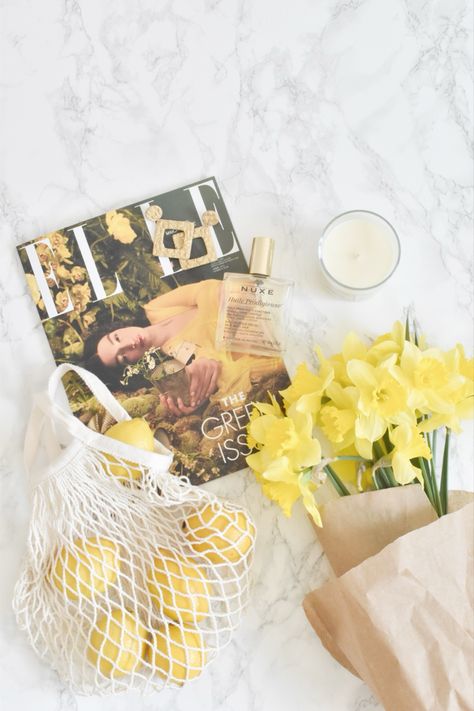 Daffodils, flowers, lemons, Elle, Elle Serbia, magazine, candle, flatlay, Nuxe, earrings, marble, yellow Flatlay Interior Design, Candles Flatlay, Magazine Flatlay, Spring Flatlay, Flower Flat Lay, Summer Flatlay, Brochure Photography, Candle Product Photography, Daffodils Flowers