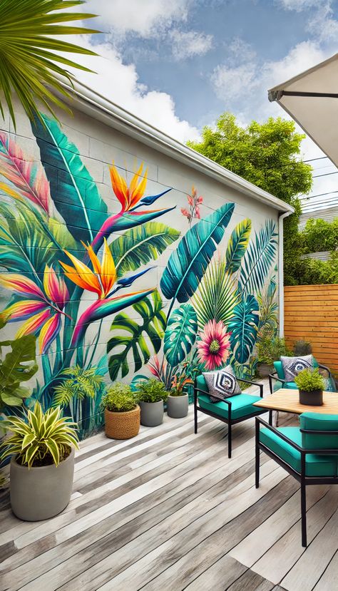 17+ Outdoor Cinder Block Wall Decorating Ideas That WOW! 🌟 Cinder Block Walls Paint Ideas, Outdoor Cement Wall Covering Ideas, Painted Cinder Block Walls Outdoor, Painted Concrete Block Wall, Murals On Houses Exterior, Painted Garden Walls, Mural Art Outdoor, Diy Outdoor Mural, Block Wall Decorating Ideas