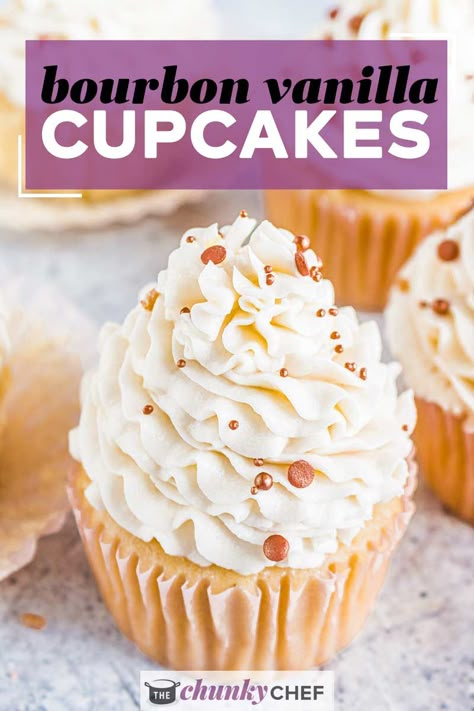 Boozy Cupcakes Recipes, Bourbon Cupcakes, Cooking With Bourbon, Boozy Baking, Boozy Cupcakes, Fluffy Cupcakes, Chunky Chef, Vanilla Bourbon, Candied Almonds