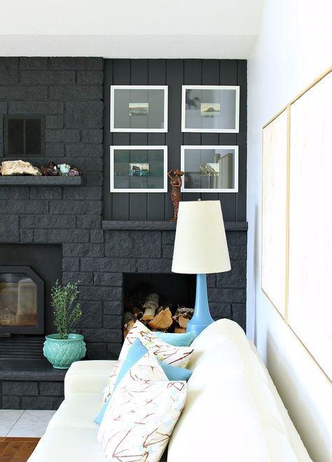 5 Reasons to Love a Dark Grey or Black Fireplace + 10 Dark Fireplaces to Love. Pros and cons of a dark painted fireplace. Dark Painted Fireplaces, Dark Grey Tile Fireplace, Dark Gray Brick Fireplace Paint Colors, Dark Grey Fireplace, Dark Grey Shiplap Fireplace, Charcoal Fireplace Brick, Charcoal Fireplace, Rock Fireplace Painted Black, Dark Grey Painted Tile Fireplace