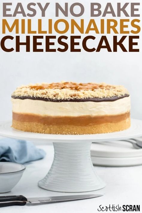 Millionaire Shortbread Cheesecake, No Bake Millionaire Cheesecake, Millionaires Cheesecake Recipes, Tuxedo Cheesecake Recipe, Millionaire Cheesecake, Millionaires Cheesecake, Scottish Scran, Unbaked Cheesecake, No Bake Cheesecake Recipe