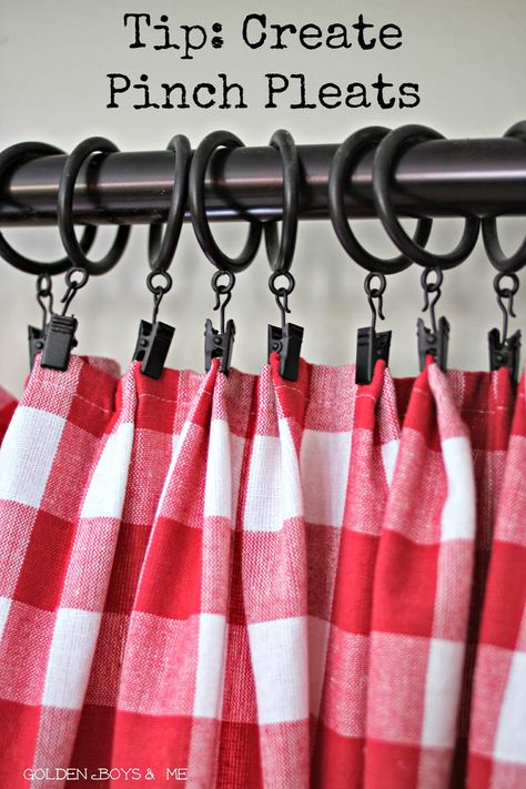 pinch pleats red and white check draperies with drapery clips-www.goldenboysandme.com Vintage Window Coverings, Cottage Kitchen Window Treatments, Farm Kitchens, Cortinas Country, Sew Curtains, No Sew Curtains, Kitchen Window Treatments, Primitive Kitchen, Kitchen Door