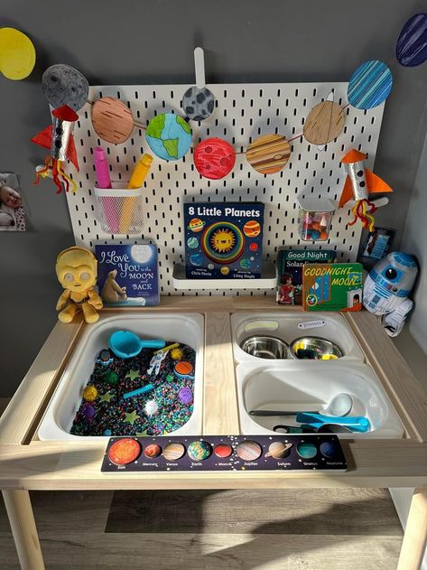 Trofast Classroom Ideas, Sensory Table Set Up, Sensory Bin Business, Ikea Sensory Bin Ideas, Toddler Science Center, Kidney Table Classroom Setup, Ikea Preschool, Nursery Classroom Ideas, Sensory Table Ideas For Toddlers