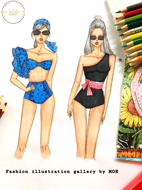 Beach Wear Illustration Sketch, Beach Wear Illustration, Swimwear Illustration, Fashion Model Sketch, Fashion Illustration Tutorial, Fashion Figure Drawing, Fashion Drawing Sketches, Fashion Illustrations Techniques, Dress Illustration