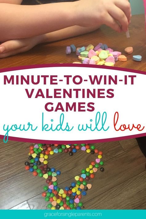 7 of the best Valentine's Day minute to win it games for kids. Spend $5 on Valentine's day candy and you've bought your kids 2 hours of fun playing kids valentine games minute to win it style! #valentine #valentinesday #kidsgames #holiday Valentines Kids Games, Valentine's Day Party Games, Pinterest Valentines, Valentines Games, Minute To Win, Single Parents, Minute To Win It Games, Valentine's Day Games, Preschool Valentines