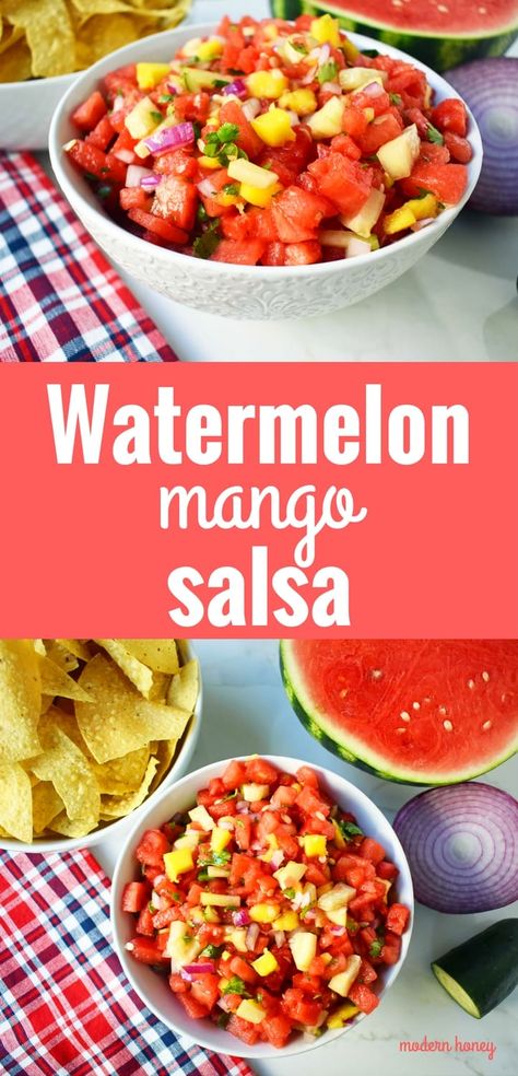 Mango Crisp, Dips Savory, Mango Spicy, Watermelon Salsa Recipe, Summer Entertaining Recipes, Mexican Party Food, Summer Salsa, Modern Honey, Watermelon Salsa