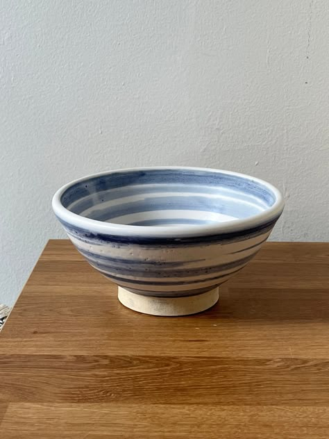 "Ceramic bowls are a kitchen essential. Bowls are food and dishwasher safe. Formed on the pottery wheel using stoneware clay. This bowl features a matte white glaze with cobalt oxide blue brushwork underneath.  (This listing is for one bowl) Dimensions: Height: 3.5\" Diameter: 7\"" Ceramic Wide Bowls, Ceramic Bowls Wheel Thrown, Salad Bowl Ceramic Handmade Pottery, Pottery Big Bowl, Ceramic Handmade Bowls, Glaze Bowl Ideas, Pottery Soup Bowl, Pottery Bowl Designs, Ceramic Bowl Designs