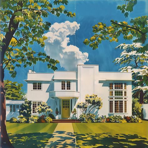 Sims 4 Art Deco, Retro House Exterior, Art Deco House Exterior, 70s House Exterior, Art Deco Houses, Art Deco City, Art Deco House, Dystopian Art, Dutch Colonial Homes